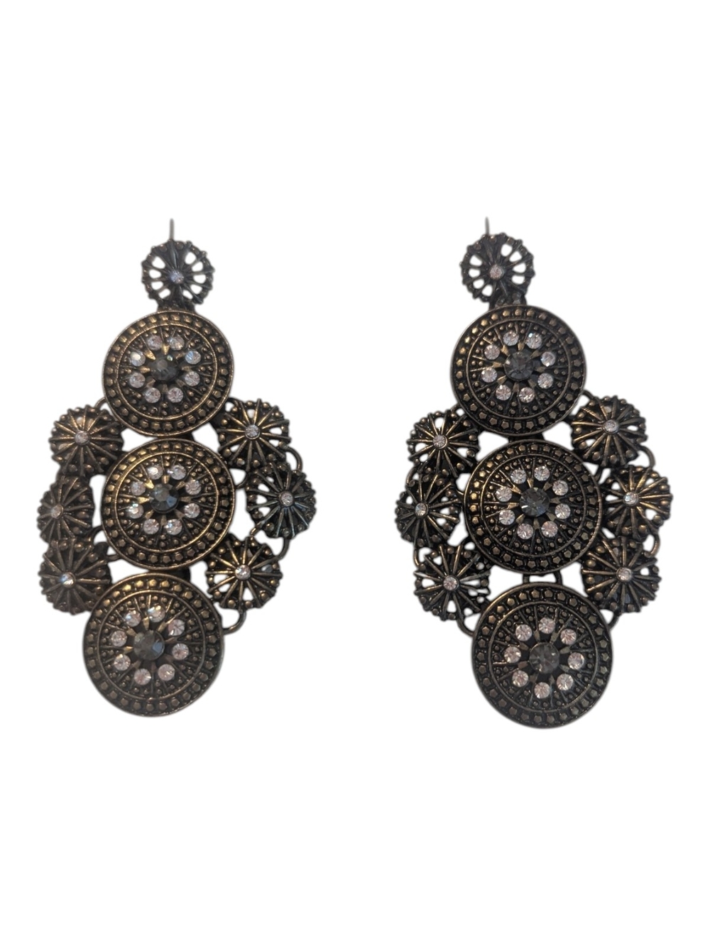 VTG Boho A. Bronze Tone Filigree Smokey Clear Crystals Chandelier Stud Earrings